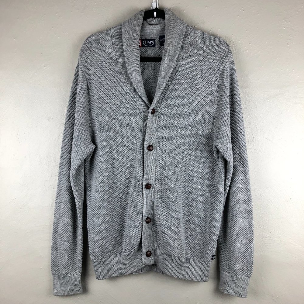 Chaps Gray Knit Shawl Collar Button Front Cardigan